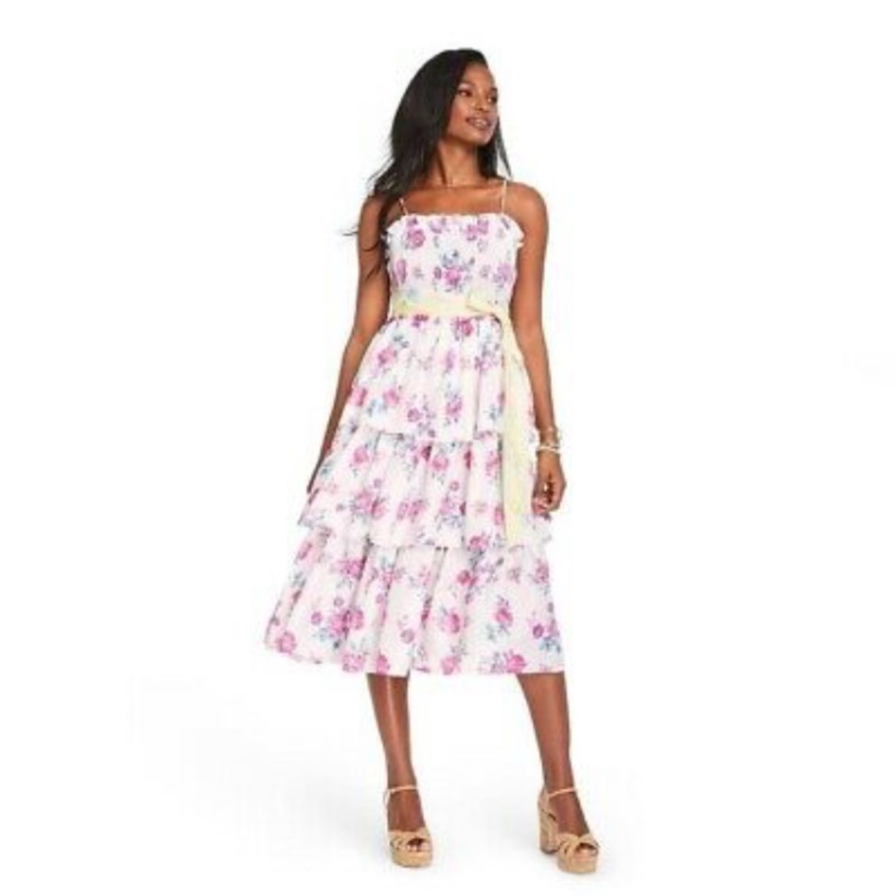 Tiered floral dress with smocked top